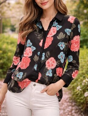 CeCe Black Floral Hi-Low Blouse Long Sleeve Sheer Button Front Lightweight Top